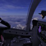 Jet fighter pilot viewing enemy aircraft on left wing in cockpit view 3d render